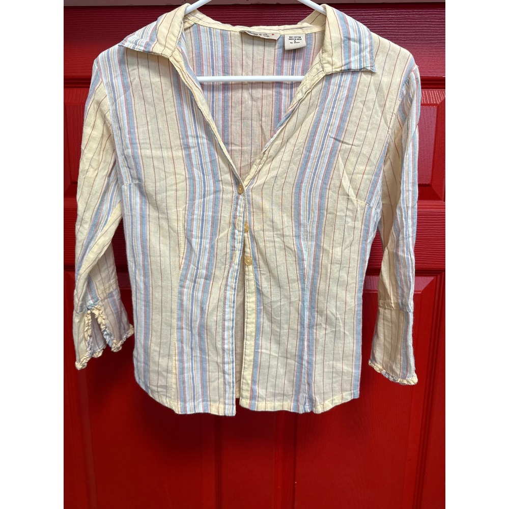 Quizz & Co Womens Small Cotton Striped Button Up Blouse Ruffle Cuff Cream Blue